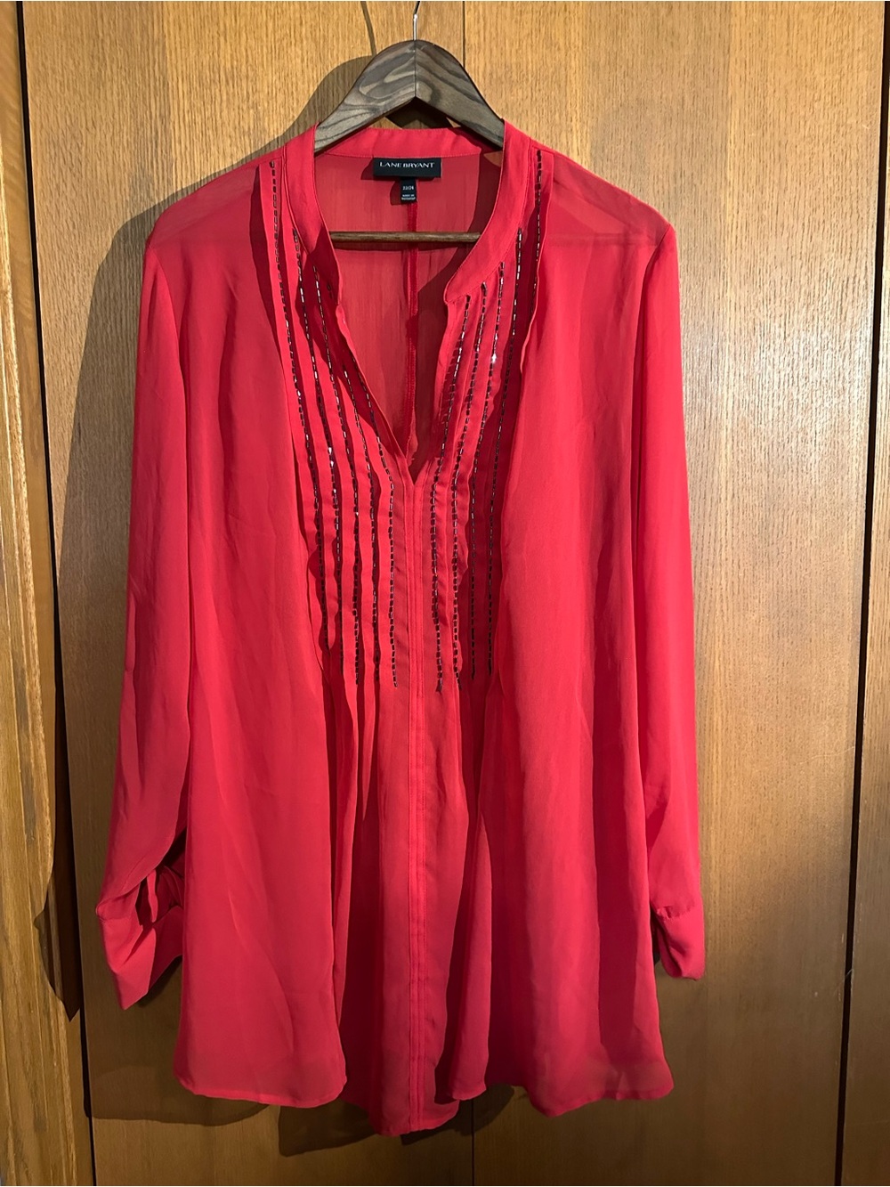 Lane Bryant Bright Red Beaded V-Neck Tunic